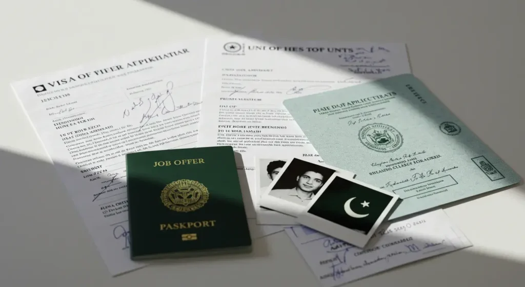 Work visa application documents for Pakistani job seekers applying for Gulf jobs.