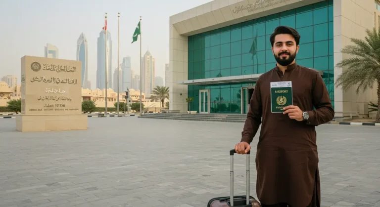 Pakistani worker approved for a Gulf work visa standing outside the embassy with passport in hand.