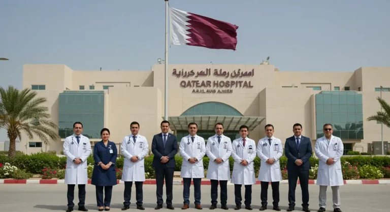 Foreign doctors and nurses standing outside a Qatari hospital with the Qatar flag in the background