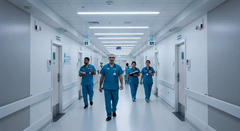 Foreign doctors and nurses working in a modern hospital in Doha, Qatar