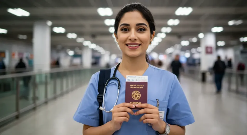 Pakistani female nurse holding a passport with Qatar visa at airport departure area

