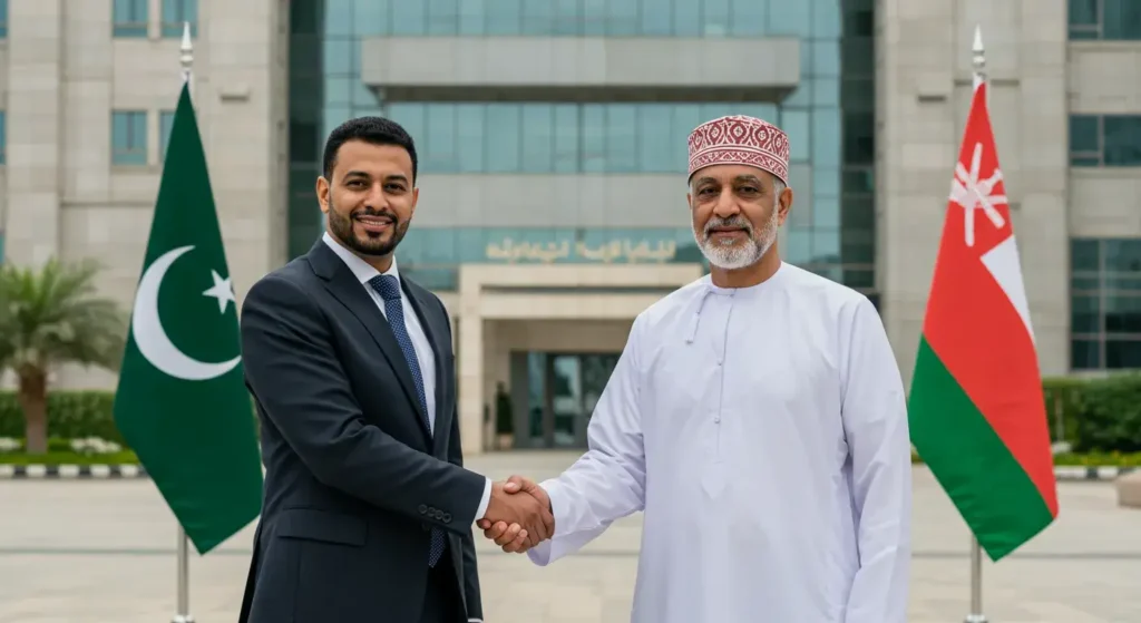 Pakistani recruiter shaking hands with Omani employer outside modern office