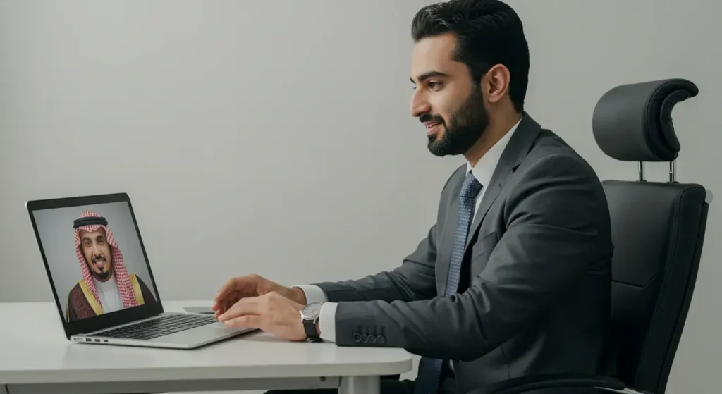 Pakistani man in smart dress doing a video interview on a laptop with a Saudi employer on screen, showing professional posture and setup.