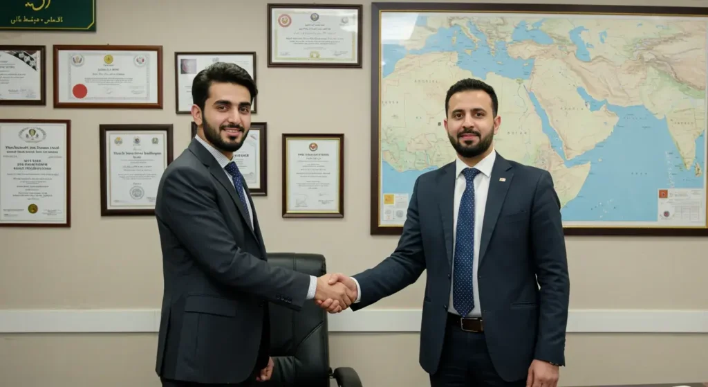 Handshake between a Pakistani man and a recruiter in an office with framed certificates and a map of the Gulf countries on the wall