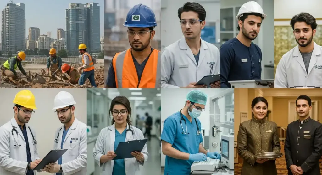 Diverse range of Pakistani manpower working in Gulf industries like healthcare, construction, and hospitality.