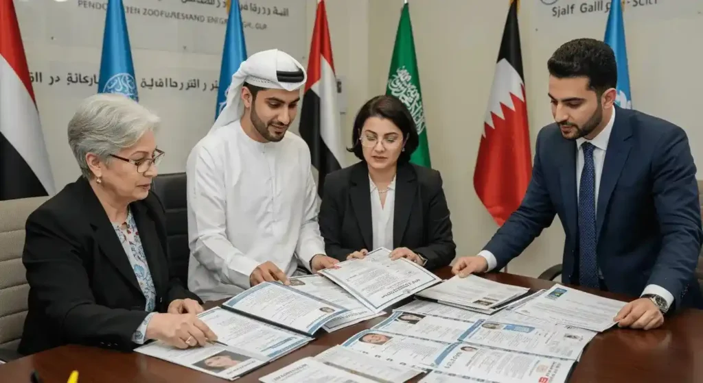  Recruitment staff processing documentation for overseas construction jobs.